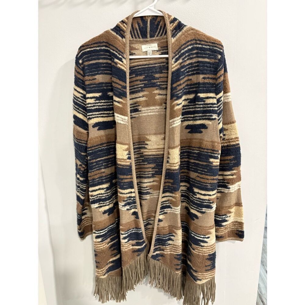 Lucky Brand Navy, Camel & Cream Patterned Fringe Open Cardigan
